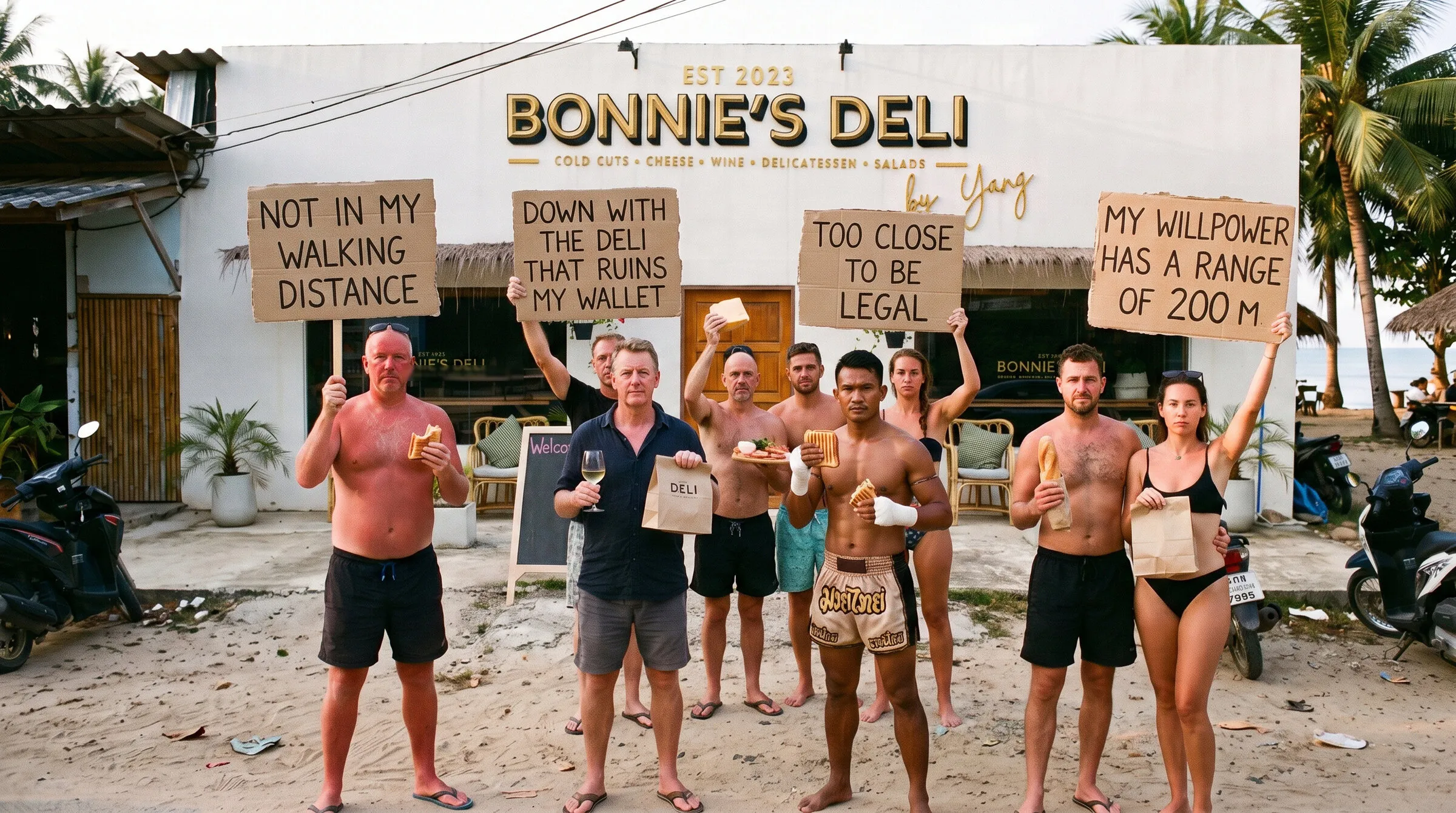Protesters with cardboard signs outside Bonnie's, every one of them holding a sandwich or a glass of wine