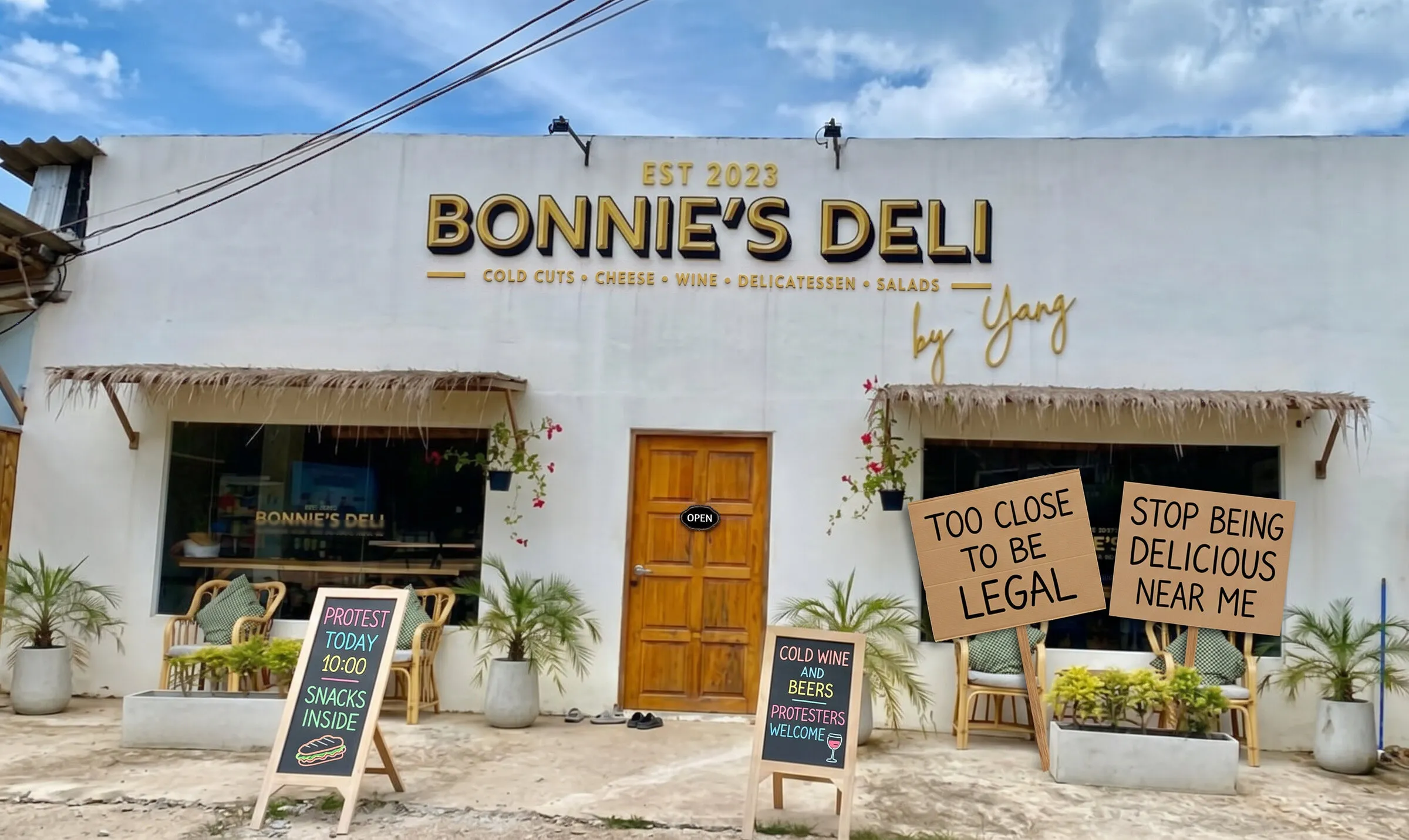 The chalkboards outside Bonnie's rewritten to read Protest today 10:00, snacks inside, and Cold wine and beers, protesters welcome