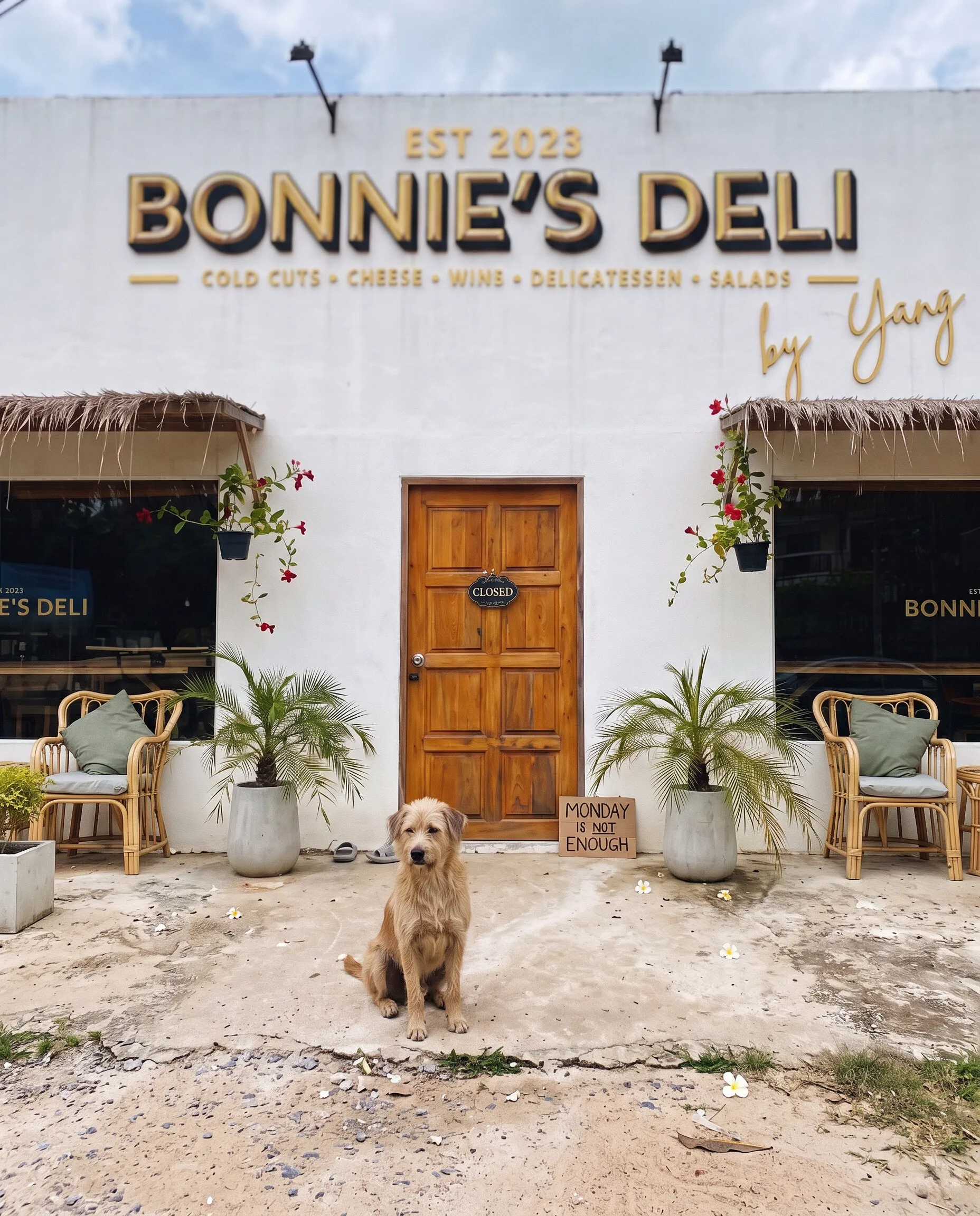A street dog sitting outside the closed deli next to a small sign reading Monday is not enough